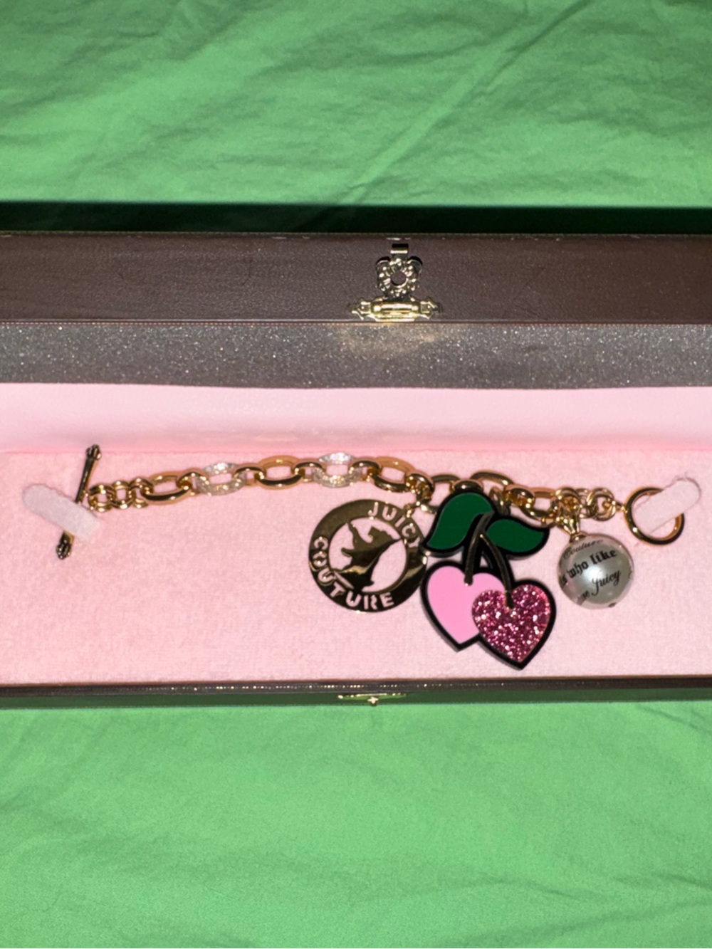 Juicy Couture Gold Charm Bracelet with Pink and Green Cherry Charms